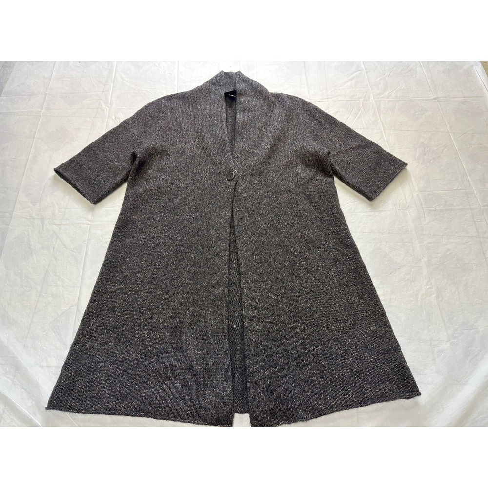 Eileen Fisher Womens Small Long Cardigan Sweater Gray Wool Short Sleeve